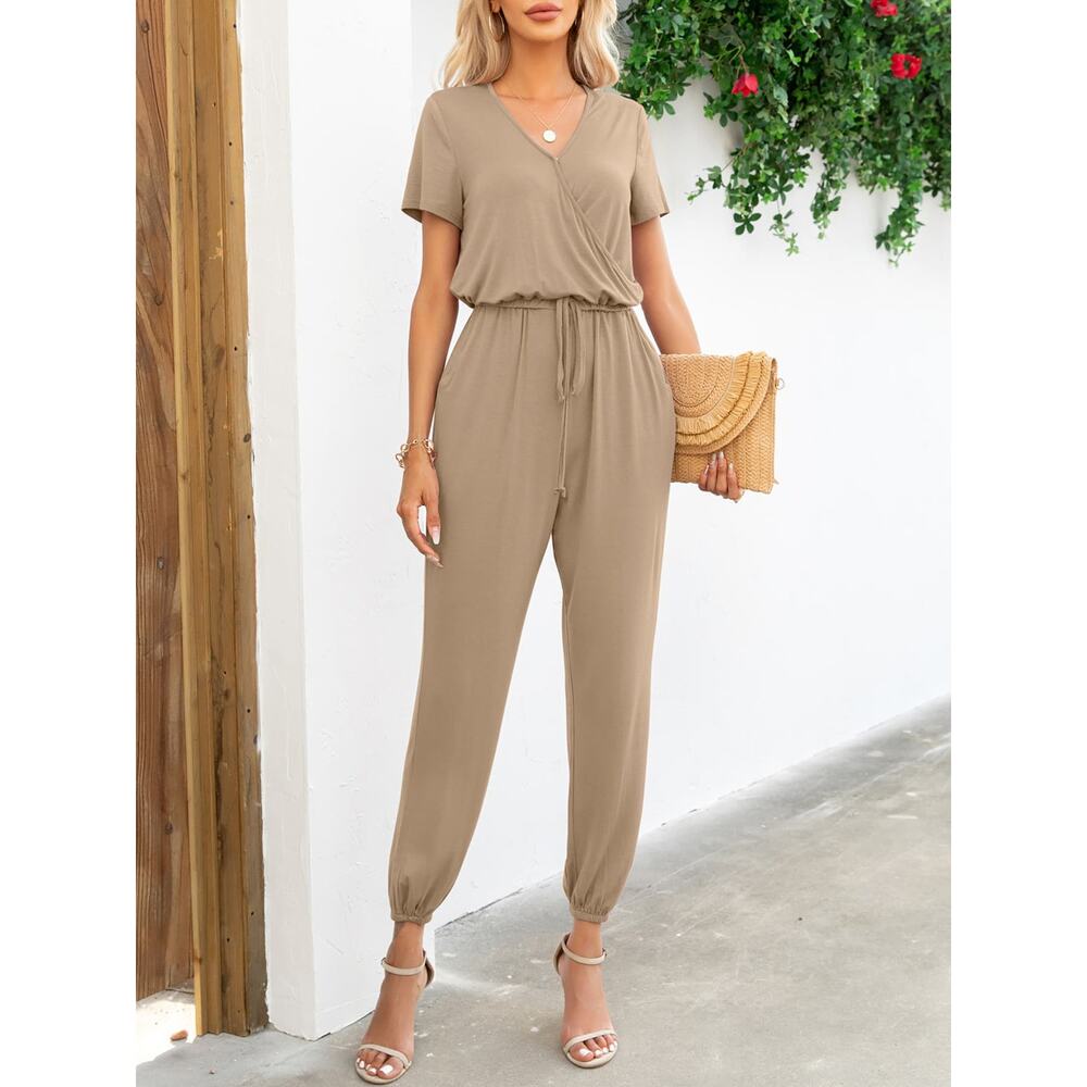 Chicgenes Short Sleeve V-Neck Jumpsuit with Pockets | Size Large